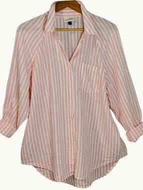 Universal Thread Coral & White Striped Linen Blend Button-Down Shirt Relaxed L